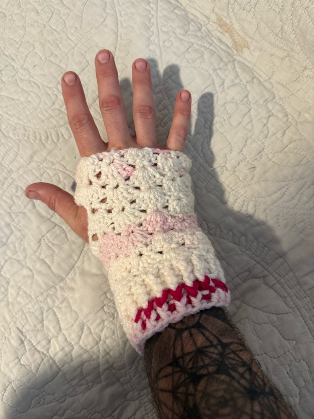 Handcrafted Cream and Pink Crochet Fingerless gloves